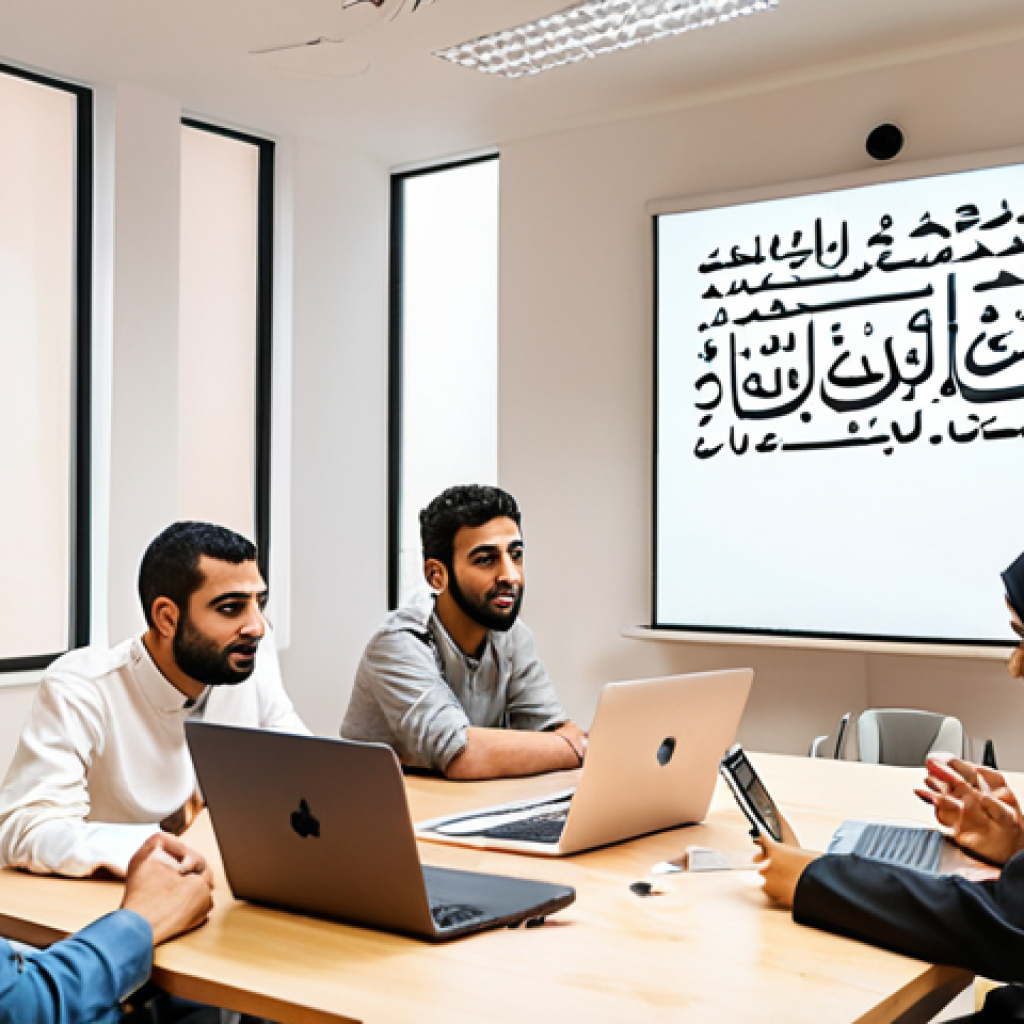 **

A diverse group of young Arab men and women counselors are gathered in a brightly lit, modern co-working space. They are actively engaged in a workshop, some brainstorming around a whiteboard covered in Arabic script, others collaborating on laptops. The atmosphere is supportive and collaborative. The image should convey a sense of youthful energy and professional solidarity. In the background, you can see a stylized representation of Arabic calligraphy intertwined with modern tech symbols like WiFi and cloud icons. Focus on warm lighting and inclusive representation.

**