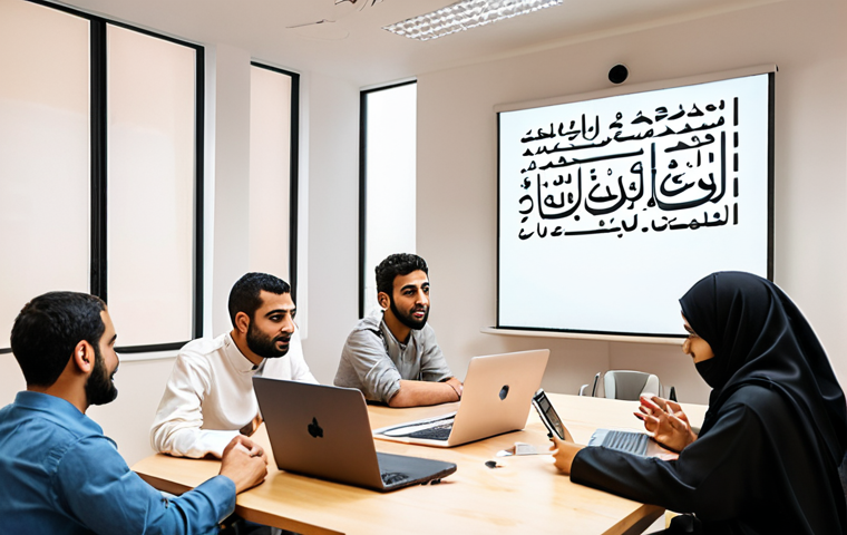 **

A diverse group of young Arab men and women counselors are gathered in a brightly lit, modern co-working space. They are actively engaged in a workshop, some brainstorming around a whiteboard covered in Arabic script, others collaborating on laptops. The atmosphere is supportive and collaborative. The image should convey a sense of youthful energy and professional solidarity. In the background, you can see a stylized representation of Arabic calligraphy intertwined with modern tech symbols like WiFi and cloud icons. Focus on warm lighting and inclusive representation.

**