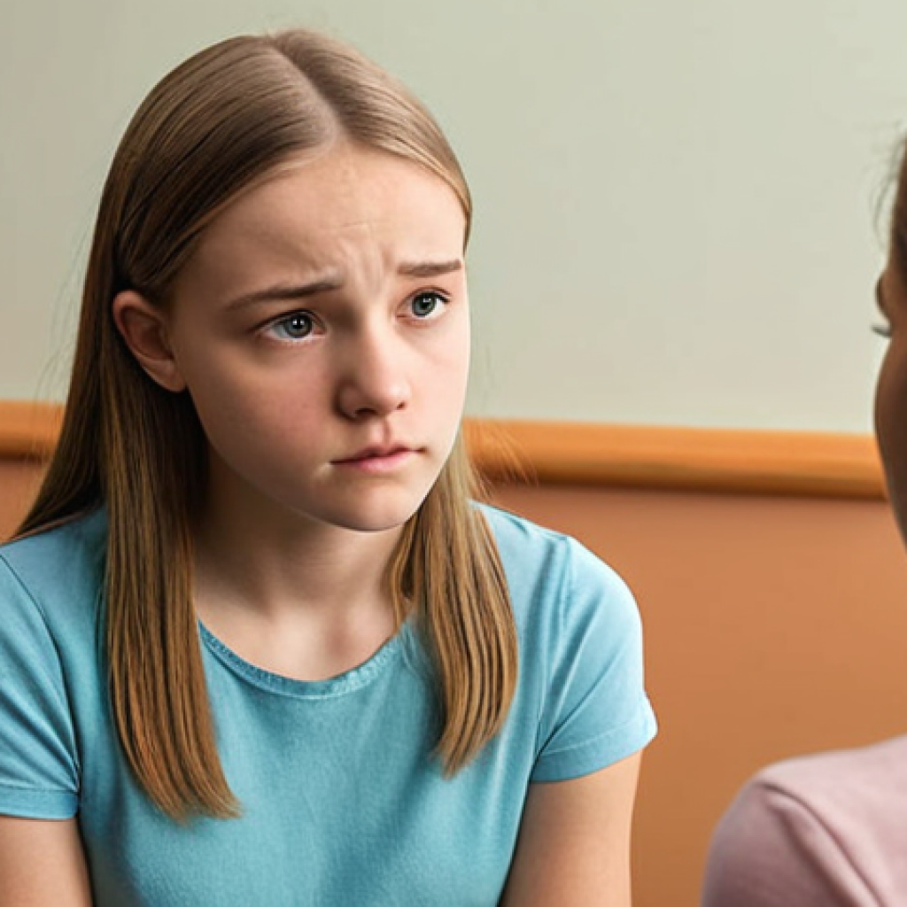 **

A counselor attentively listening to a teenage girl, showing empathy through body language. Soft, supportive lighting. Background subtly suggests a safe, comfortable counseling office.

**
