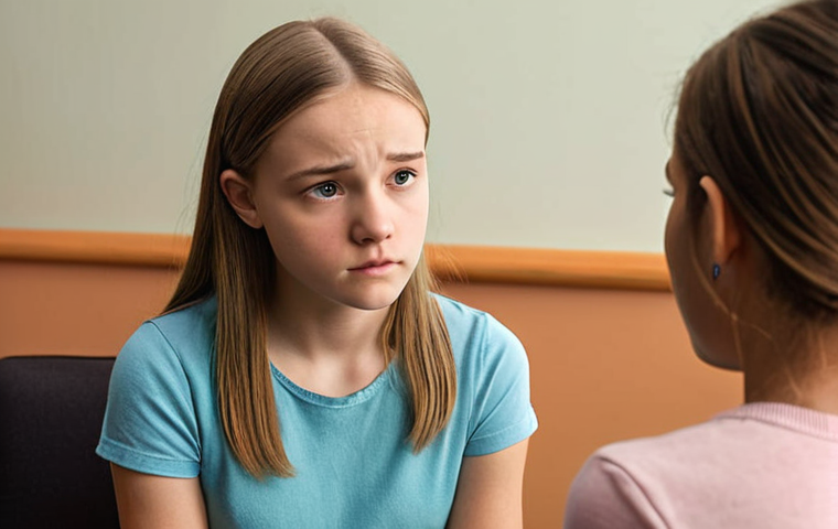 **

A counselor attentively listening to a teenage girl, showing empathy through body language. Soft, supportive lighting. Background subtly suggests a safe, comfortable counseling office.

**