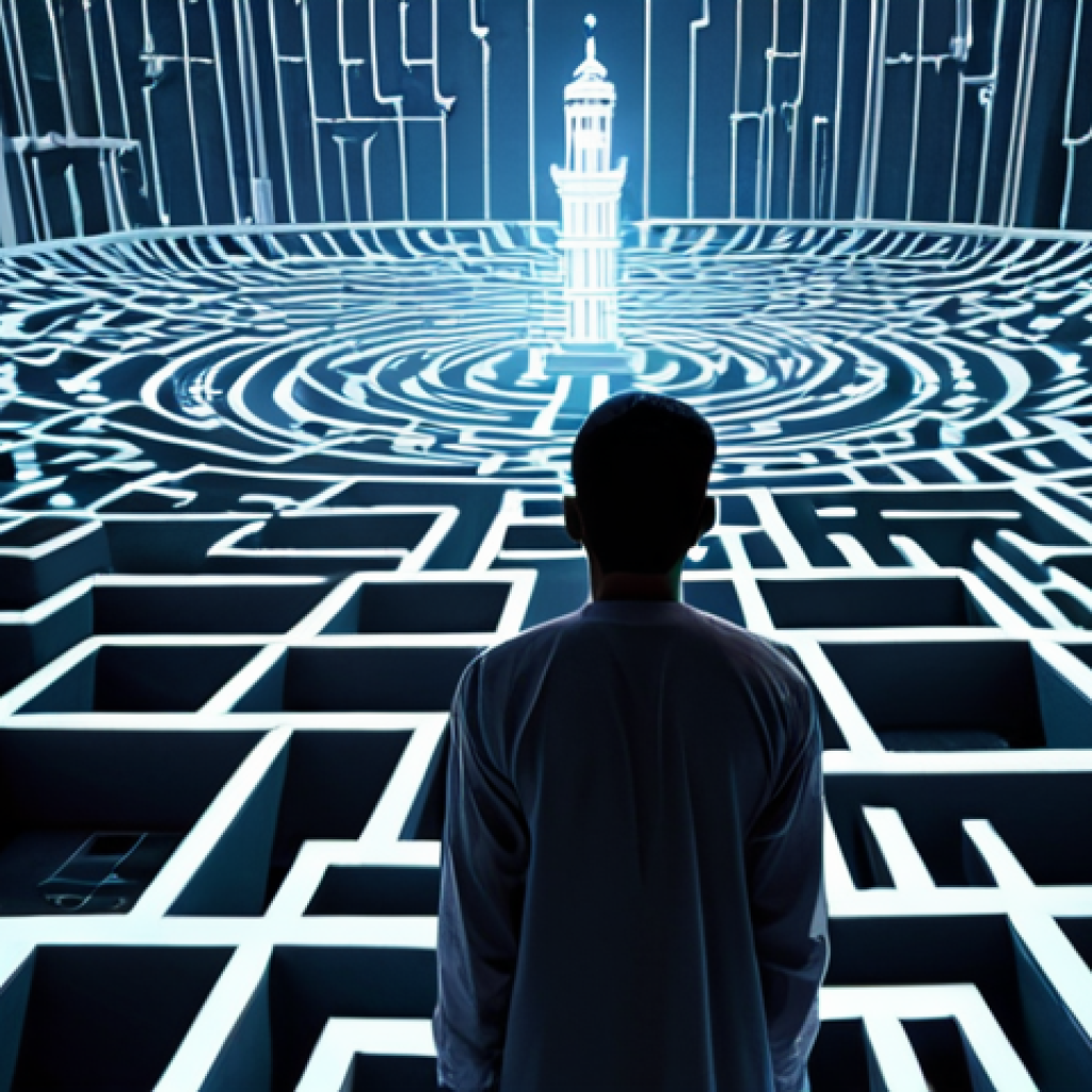 **Image 1 Prompt:** A thoughtful young Arab individual (male or female) standing amidst a complex, glowing digital labyrinth, composed of interconnected social media feeds, abstract data, and floating digital projections. Their expression conveys a sense of overwhelm, confusion, and the silent pressure of modern societal expectations. The background subtly merges traditional Middle Eastern architectural motifs with futuristic digital cityscapes, symbolizing the clash between heritage and the fast-paced digital world. Lighting emphasizes the overwhelming nature of the digital environment, with cool tones and sharp contrasts.