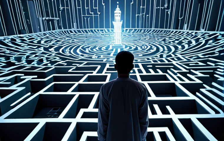 **Image 1 Prompt:** A thoughtful young Arab individual (male or female) standing amidst a complex, glowing digital labyrinth, composed of interconnected social media feeds, abstract data, and floating digital projections. Their expression conveys a sense of overwhelm, confusion, and the silent pressure of modern societal expectations. The background subtly merges traditional Middle Eastern architectural motifs with futuristic digital cityscapes, symbolizing the clash between heritage and the fast-paced digital world. Lighting emphasizes the overwhelming nature of the digital environment, with cool tones and sharp contrasts.