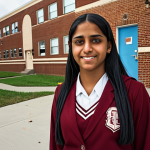 **Image of a successful female guidance counselor, named Fatima, in a high school in a low-income neighborhood, helping students apply to top universities.** (Focus: Inspiration, empowerment, breaking barriers)