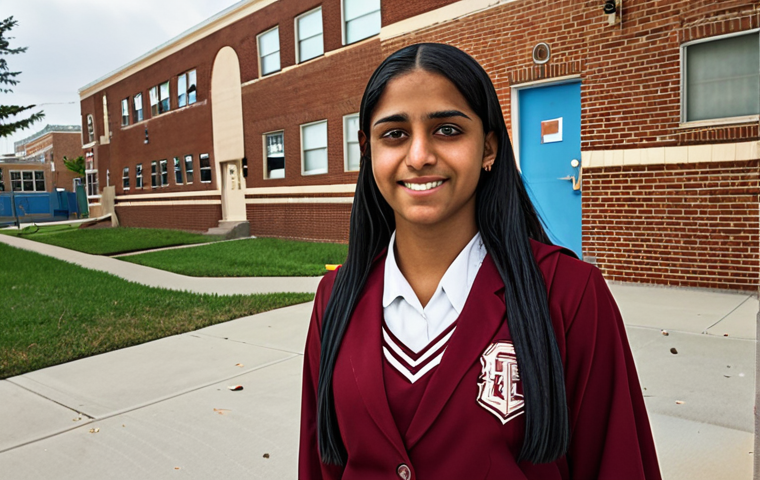 **Image of a successful female guidance counselor, named Fatima, in a high school in a low-income neighborhood, helping students apply to top universities.** (Focus: Inspiration, empowerment, breaking barriers)