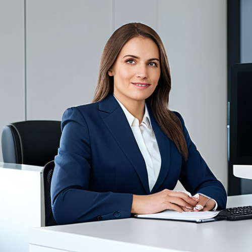 Modern Businesswoman**

"A professional businesswoman in a modest business suit, sitting at a desk in a modern office, fully clothed, appropriate attire, safe for work, perfect anatomy, natural proportions, professional photography, high quality, family-friendly."

**