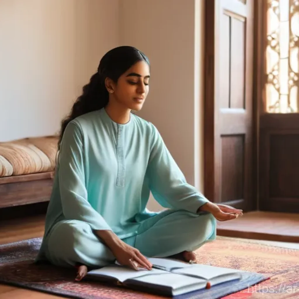 청소년상담사 시험장에서의 긴장 완화 팁 - **A Serene Moment of Preparation:** A young Arab woman in her early twenties, dressed in modest, com...