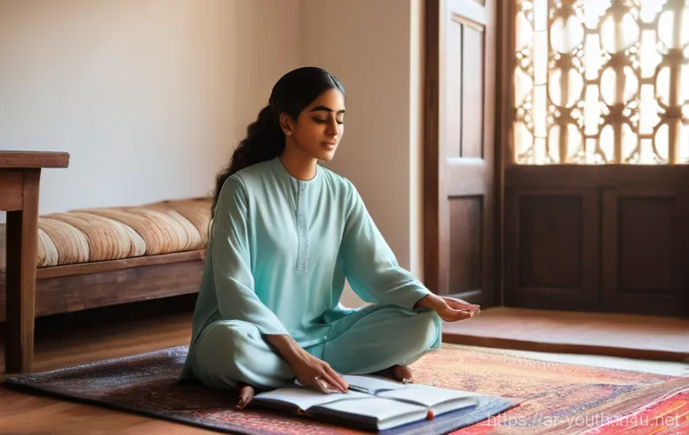 청소년상담사 시험장에서의 긴장 완화 팁 - **A Serene Moment of Preparation:** A young Arab woman in her early twenties, dressed in modest, com...