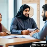 청소년상담사 시험에 나올 수 있는 기출문제 - A professional young Arab counselor in a modern office setting, attentively listening and communicat...