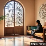 청소년상담사로 일하기 위한 준비 - A warm, inviting counseling room in a Middle Eastern setting, featuring a young Arab teenager wearin...