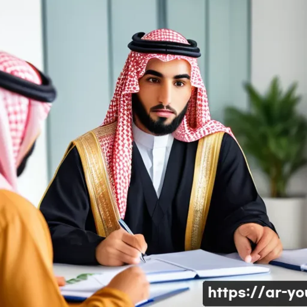 청소년상담사 시험 준비와 자격증 취득 후 계획 - A professional Arab youth counselor in traditional modest attire, sitting in a modern office decorat...