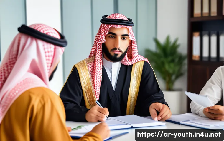 청소년상담사 시험 준비와 자격증 취득 후 계획 - A professional Arab youth counselor in traditional modest attire, sitting in a modern office decorat...