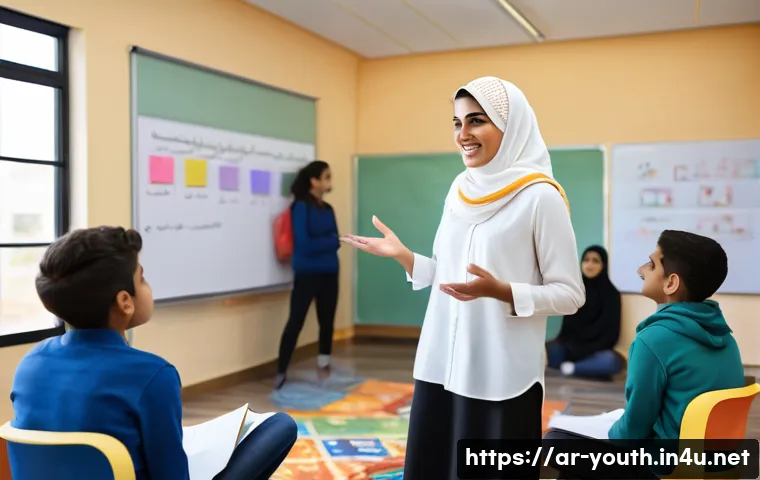 청소년상담사 자격증 취득 후 학습 지속법 - A professional Middle Eastern female adolescent counselor conducting a group workshop in a modern co...