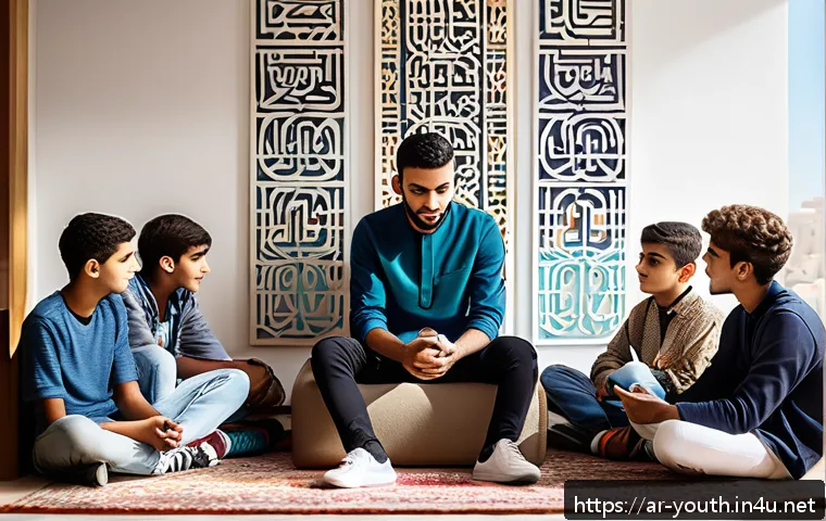 청소년상담사로서의 직업적 정체성 - A warm and engaging scene of a young Arab male counselor attentively listening to a diverse group of...