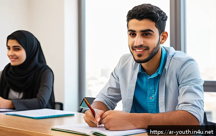 청소년상담사 시험에서 고득점 전략 - A professional young Arab male youth counselor sitting at a desk in a modern, well-lit office, atten...