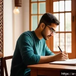 Home 19 청소년상담사 시험 대비 실전 팁 - A focused young Arab man studying in a cozy, traditional Middle Eastern home setting during early mo...