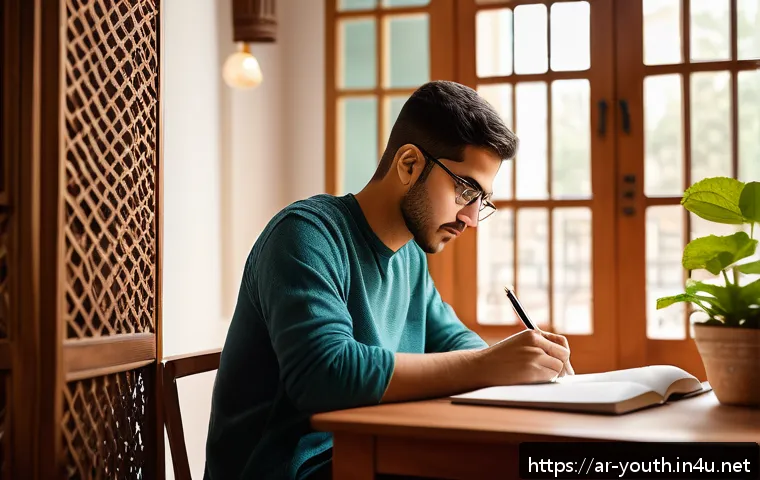 청소년상담사 시험 대비 실전 팁 - A focused young Arab man studying in a cozy, traditional Middle Eastern home setting during early mo...