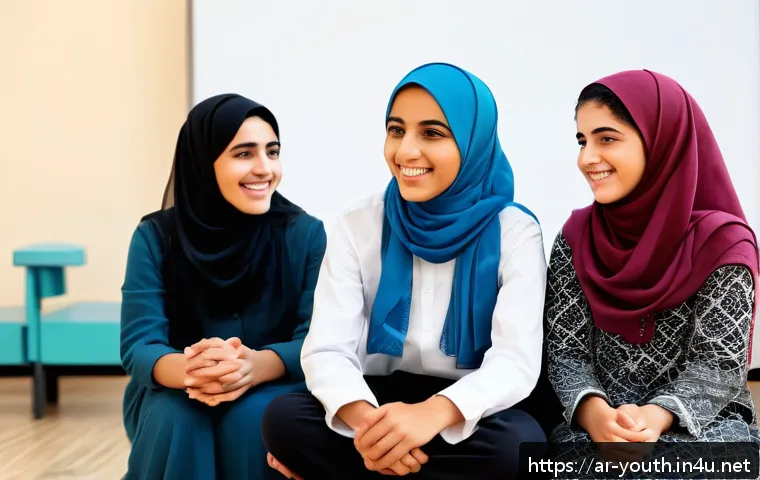 청소년상담사 커리어 플랜 세우기 - A warm, inviting community center scene in an Arabic-speaking country, featuring a diverse group of ...